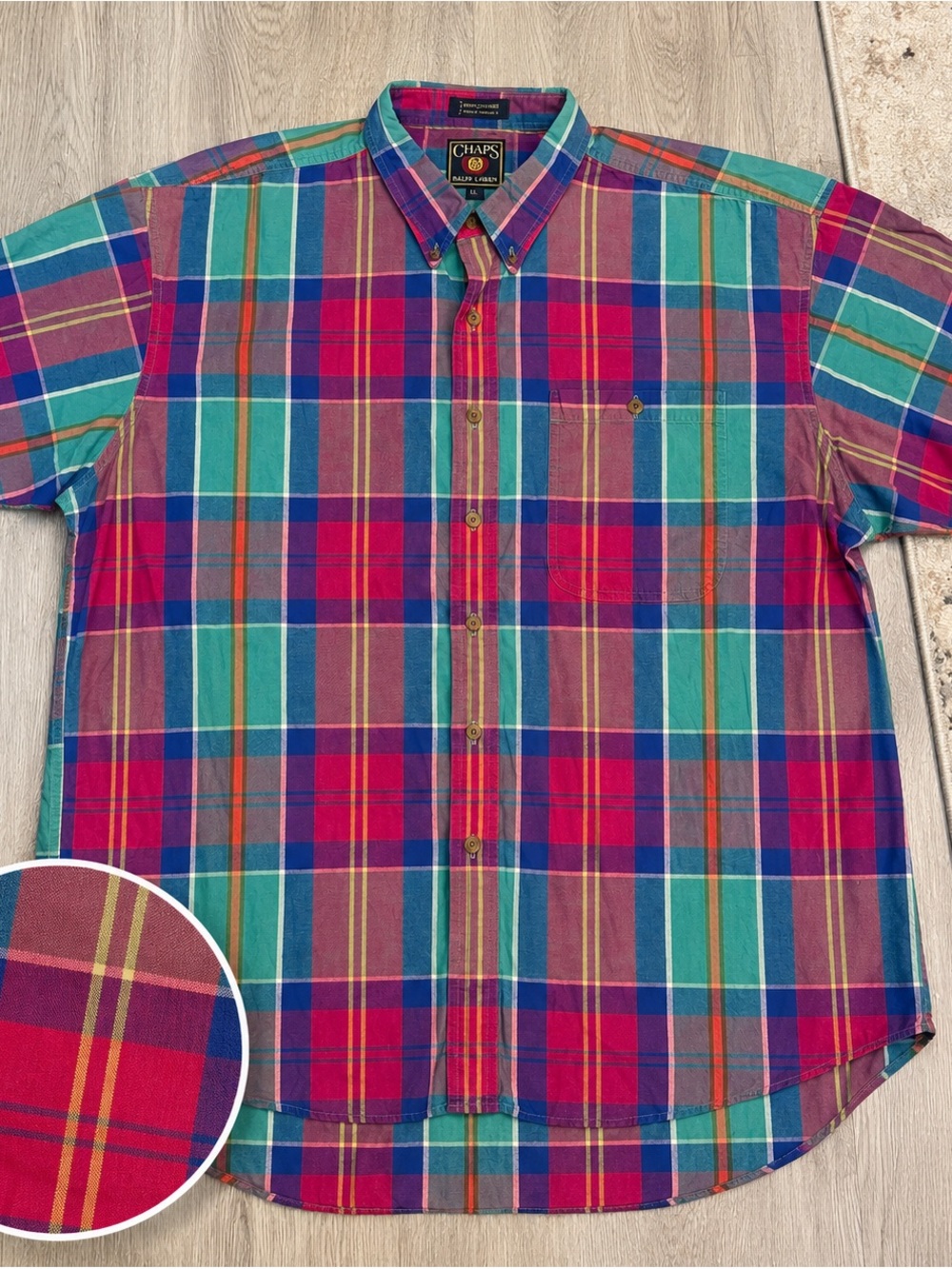 VTG Y2K Chaps Ralph Lauren Men’s XL Button Color Block Shirt Short Sleeve Madras